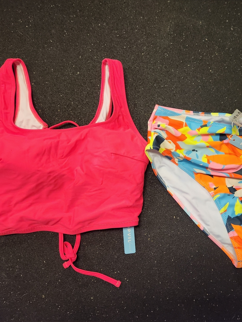Bright Pink Swim Top with Multicolor Bikini Bottoms